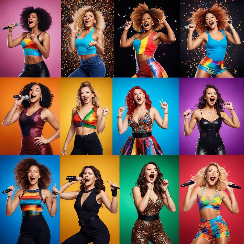 A vibrant collage of energetic female entertainers showcasing their unique talents in cable entertainment, featuring a multicolored stage backdrop with confetti and bright lights. Each entertainer has a joyful expression, representing various forms of entertainment like comedy, music, and dance. Include elements like microphones, musical instruments, and colorful costumes to emphasize their fun personalities. The overall vibe should be dynamic and celebratory, evoking a sense of joy and excitement. super-realistic. vibrant colors. dynamic composition.