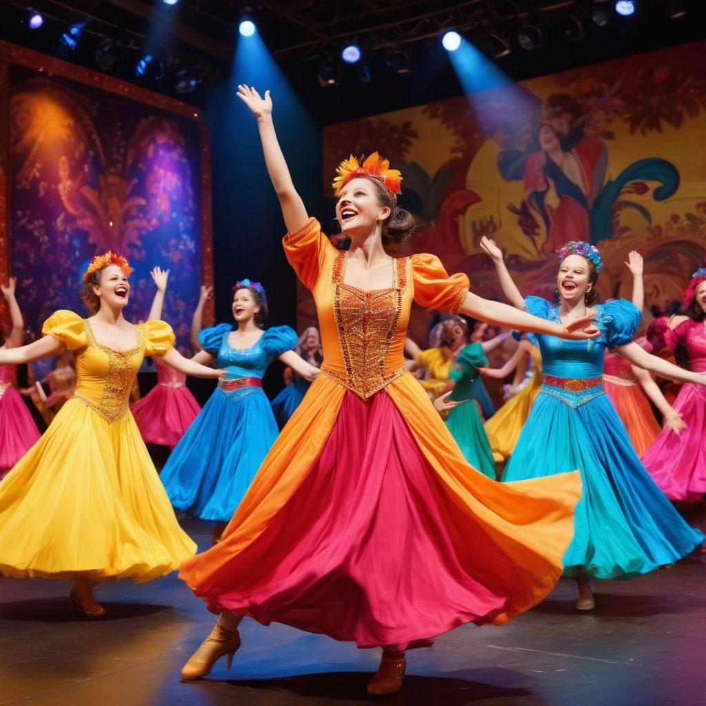 A vibrant scene of female performers in colorful costumes, radiating joy as they interact with a diverse audience. The performers are engaged in various entertainment forms like dancing, singing, and acting, with bright smiles and expressive body language. The backdrop features a whimsical stage with dynamic lighting and happy spectators clapping and laughing. The atmosphere is lively and celebratory, showcasing the transformation of entertainment into joyful experiences. super-realistic. vibrant colors. energetic atmosphere.