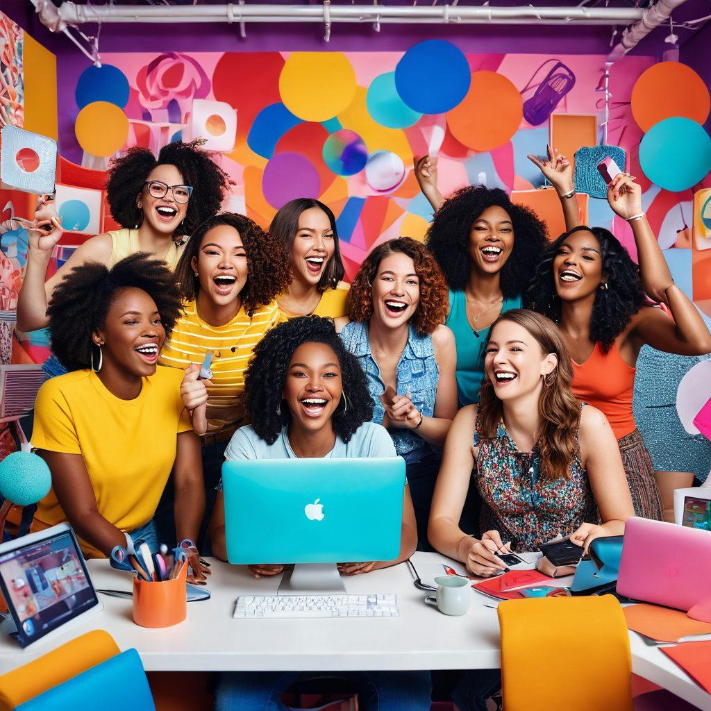 A vibrant scene showcasing diverse female content creators in a bright, lively studio environment, surrounded by elements symbolizing joy and entertainment like colorful props, microphones, and screens displaying their work. They are laughing and engaging with each other, creating an atmosphere of camaraderie and happiness. The background features playful patterns and icons representing streaming platforms. super-realistic. vibrant colors. dynamic composition.
